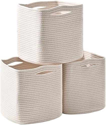 ICERZCZ 13 Inch Cube Closet Storage Bins, Woven Cotton Rope Organizer Baskets for Organizing & Shelves, Books, Towels, Clothes, Toys, 13x13x13 in, Off White (Pack of 3) by ICERZCZ