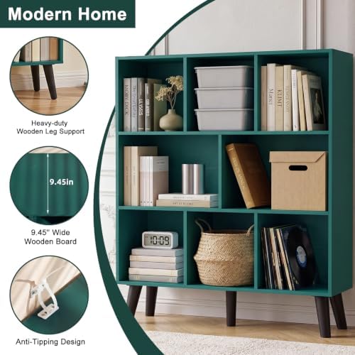 YAHARBO 8 Cube Bookshelf,3 Tier Bookcase with Legs,Dark Green Mid-Century Modern Bookshelves,Large Free Standing Open Storage Organizer Shelf,Tall Wooden Book Case Furniture for Bedroom,Living Room - Image 5
