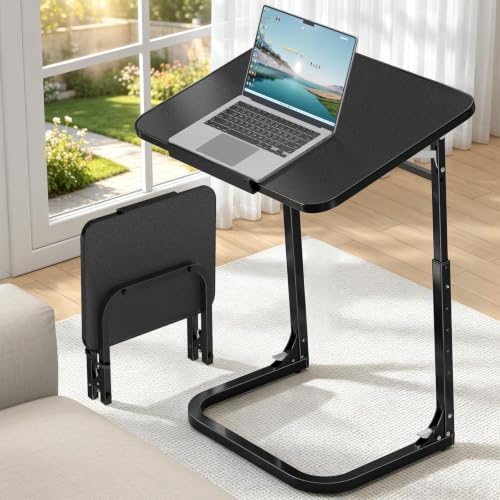 Extra Large Foldable Couch Side Table, Premium Black Leather Top, Height & Tilt Adjustable, Easy Installation, Snack Table Laptop Desk for Sofa, Bedside and Recliner, Easy to Store by Unknown