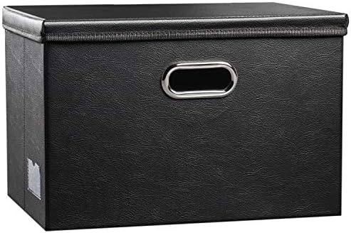 PRANDOM Large Collapsible Storage Bin with Lid [1-Pack] Leather Fabric Foldable Storage Box Organizer Containes Basket Cube with Cover for Home Bedroom Closet Office Nursery Black (17.7x11.8x11.8) by Prandom