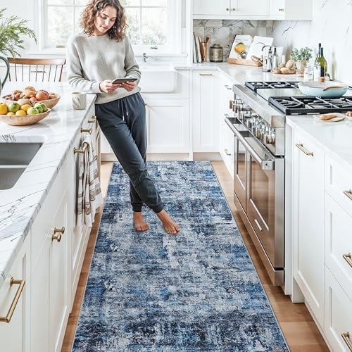 3x12 ft Long Hallway Runner Rug - Non-Slip Washable Kitchen Rug with Rubber Backing,Modern Abstract Neutral Thin Low Pile Floor Carpet Runner for Entryway,Bedroom,Living Room（Blue） - Image 2