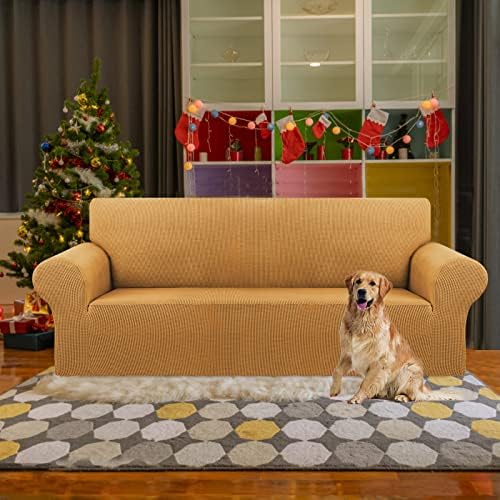 KEKUOU Stretch Couch Covers for Sofa, 3 Cushion Couch Slipcover,Golden - Image 2
