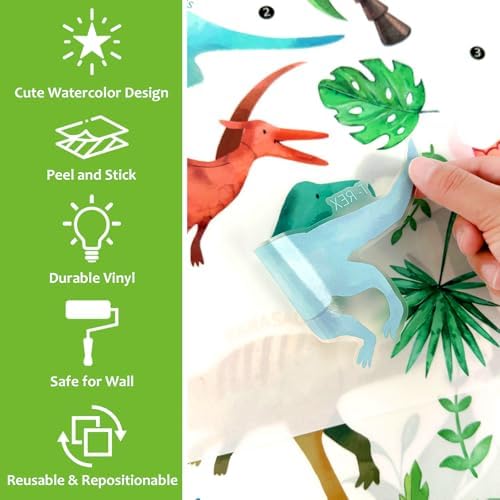 AOWDIAO Watercolor Dinosaur Wall Decals - 28 Pcs Peel and Stick Dino Decor for Boys’ Bedroom, Nursery & Classroom - Image 3