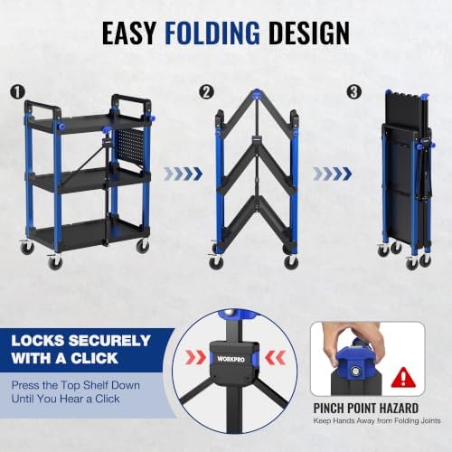 WORKPRO Heavy Duty 3-Tier Utility Cart, 450 LBS Folding Cart with Wheels - Image 2