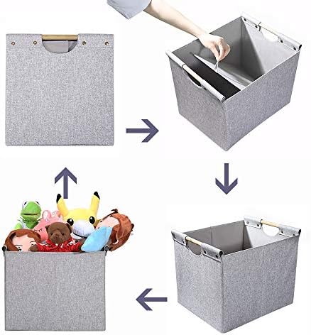 HOONEX Large Foldable Storage Bins, Linen Fabric, 2 Pack, with Wooden Carry Handles and Sturdy Heavy Cardboard, for Home, Office, Car, Nursery, Light Grey - Image 6