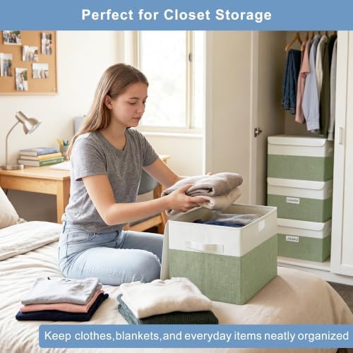 Bagnizer Large 22 Quart Linen Fabric Foldable Storage Bin Cube Organizer Basket with Flip-Top Lid & Handles, Clothes Blanket Box for Home, Office, Closet, Green & White, 4 Pack 14.6 x 9.5 x 9.5 - Image 3