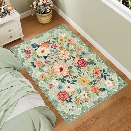 DUKINO 3x5 Area Rug, Floral Washable Rug for Bedroom Non Slip, Green by DUKINO