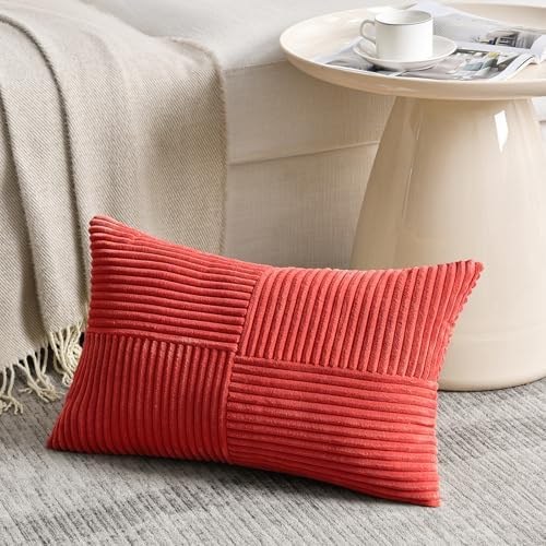 Fancy Homi 2 Packs Red Long Lumbar Decorative Throw Pillow Covers 12x24 Inch for Couch Bed Sofa, Holiday Christmas Home Decor Gift, Soft Striped Corduroy Rectangle Accent Cushion Case 30x60 cm - Image 2