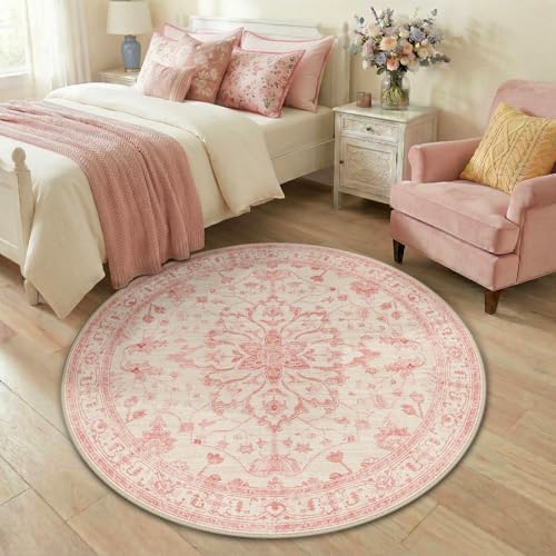 RELEANY Washable Area Rug, Round 4ft, Pink/Light Vintage Pink by RELEANY