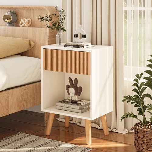 Fluted Nightstand, Modern Bedside Table with Storage Drawers and Open Wood Shelf, Night Stand with Solid Wood Legs, End Tables Side Tables for Living Room, Bedroom - Image 3