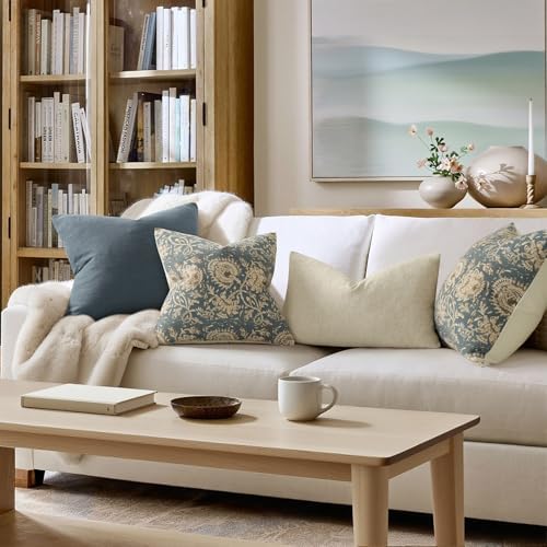 Vintage Floral Print Throw Pillow Covers 20x20 Set of 2 Neutral Modern Farmhouse Pillowcase Accent Decorative Cushion Covers Boho Home Decor for Couch Sofa Chair Bed Living Room, Dusty Blue - Image 4