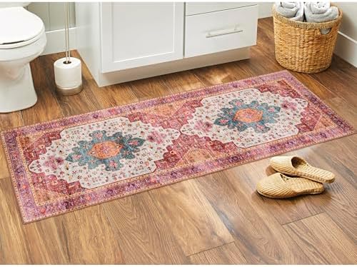 Moynesa Ultra-Thin Washable Runner Rug - Pink 2x5 Bathroom Rug Low Pile Hallway Rug Runner, Non Slip Pet Friendly Indoor Floor Carpet Runner for Kitchen Living Room Bedside Laundry Room - Image 3