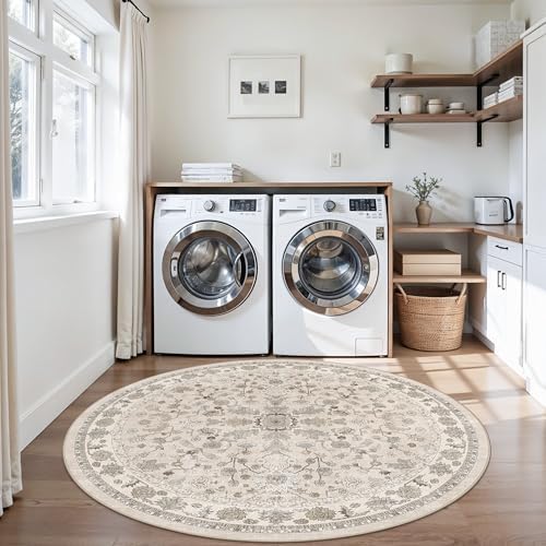 Round Kitchen Rugs 6ft Washable: Non-Slip Soft Low Pile Circle Area Rug for Under Table Living Room Dining Room Bedroom – Boho Floral Circular Floor Indoor Carpet (Beige,6x6) - Image 5