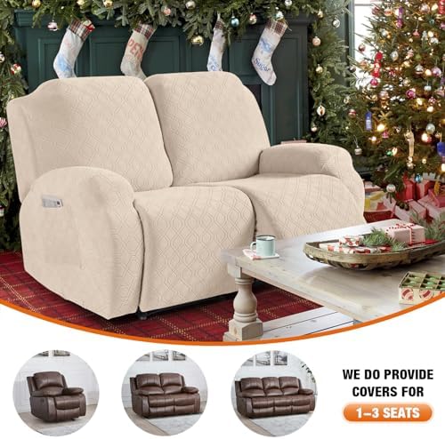 VANSOFY Recliner Cover, 2-Pieces Stretch Reclining Couch Cover with Pockets Loveseat Sofa Slipcovers Soft Washable Furniture Protector for Dogs Cats(Cream) - Image 4