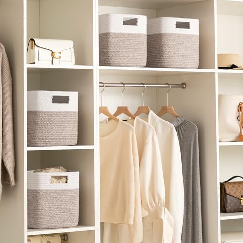 Dreamcountry 13x13 Cube Storage Bins, Storage Cubes with Handles, 4 Pack Cotton Rope Basket for Shelves, Cube Storage Organizer forToys, Book, Clothes, Home, Office, Nursery, White/Brown - Image 6
