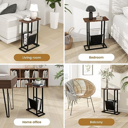 FLYJOE Narrow Side Table with PU Leather Magazine Holder Rustic Slim Little Thin Table for Living Room, Bedroom, Sofa, Rustic Brown - Image 7