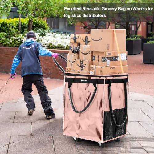(Medium,Rose Gold) Reusable Grocery Bag on Wheels, Foldable Rolling Tote - Image 3
