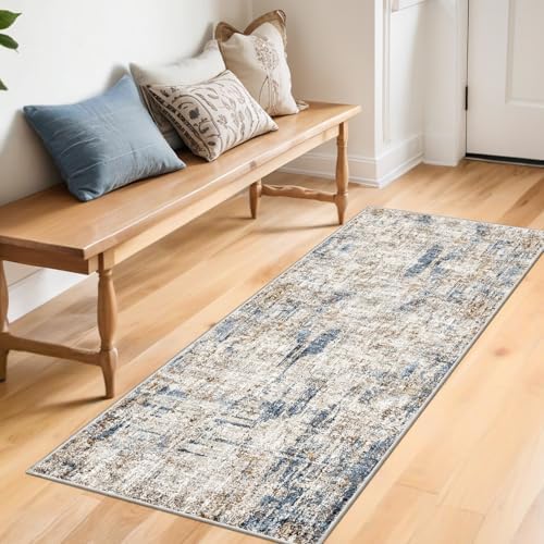 2x5 Non-Slip Washable Runner Rug – Modern Neutral Abstract Small Rug for Hallway, Kitchen, Bathroom, Bedroom, Entryway, Laundry Room – Thin Soft Low-Pile Rubber Backing（Blue Brown） - Image 3