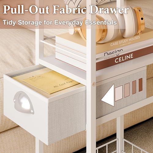Rolling Side Table with Storage Drawer, White Bedside Table with Wheels, TV Tray for Sofa, Portable Desk on Wheels, Modern Night Stand, Overbed Table for Bedroom, C Shaped End Tables Living Room - Image 4