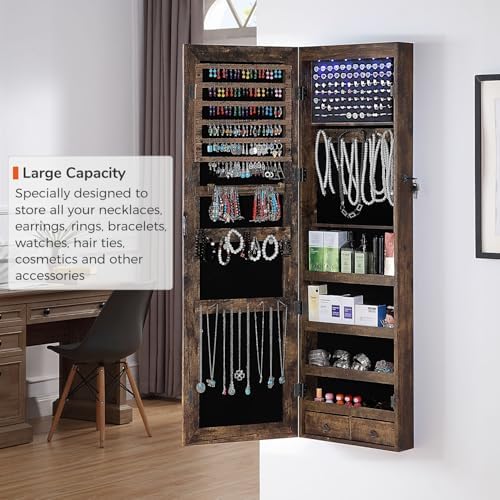 GISSAR Full Length Mirror Jewelry Cabinet, 6 LEDs Jewelry Armoire Wall Mounted Over The Door Hanging, Jewelry Organizer Storage with Lights Lockable, Vintage Brown, 14.6" x 47.2" - Image 3