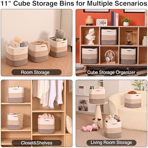 11 Inch Cube Storage Bins, Organizing Bins for Cube Organizer, Storage Baskets for Organizing, Woven Storage Basket for Shelves, Cotton Rope Baskets for Storage, Gradient Brown (Pack of 3) - Image 5