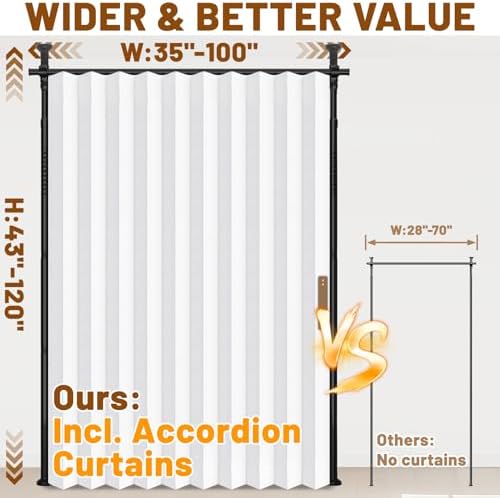 AJAZZ Privacy Curtains for Room Divider with Blackout & Soundproof (White, W100 x L96 in, 1 Panel)+ No Drill Curtain Rod(H) 43-120×(W) 35-100 in, Wall Divider for Bedroom/Studio/Office Curtain - Image 2