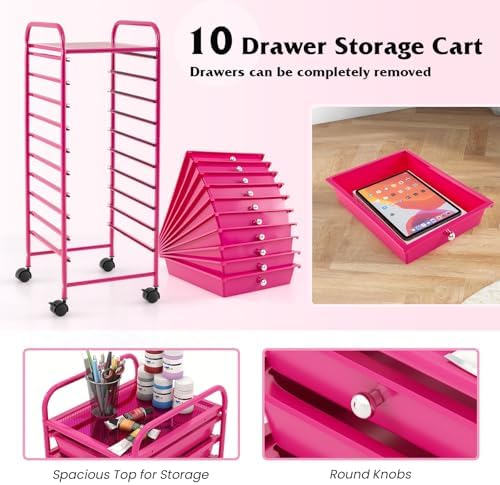 10-Drawer Rolling Storage Cart, Trolley w/Lockable 360° Wheels, 10 Removable PP Drawers, Sturdy Metal Frame, Rolling Utility Cart Perfect for Home, Office, Classroom (Hot Pink) - Image 4