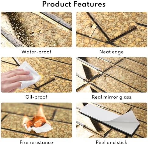 Lovdeco Peel and Stick Beveled Gold Antique Mirror Tile Subway Mirror Glass Backsplash 3x12 Inch for Kitchen Bathroom Wall (20 Pcs, 5 SQ.FT.) - Image 4