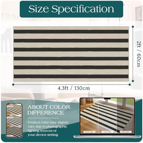 Front Door Mat Indoor Entrance - 2x4.3 Ft Black White Striped Rug - Image 2