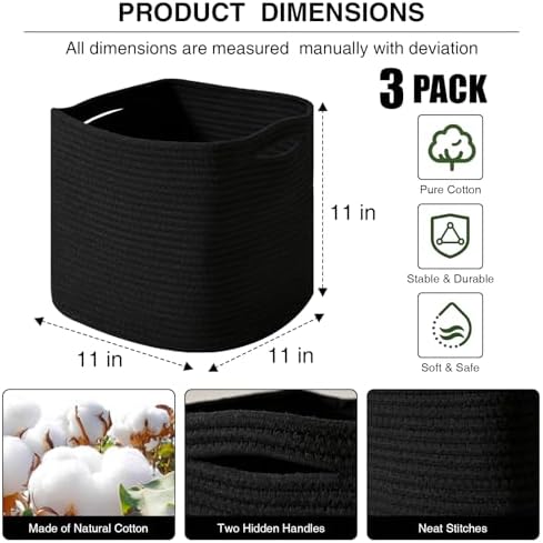 11 Inch Cube Storage Bins, 11x11 Cube Storage Bins for Cube Organizer, Square Cloth Storage Cubes, Black Woven Storage Baskets for Shelves, Toy Baskets Storage Kids, Black (Pack of 3) - Image 2