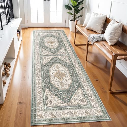 3x8 Washable Hallway Runner Rug - Non-Slip Vintage Kitchen Rugs Green Beige - Image 2