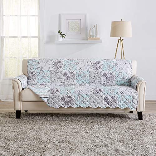 Great Bay Home Reversible Floral Patchwork Sofa Furniture Protector - Machine Washable, Scalloped Edge, Stain Resistant, Printed Furniture Cover for Dogs, Kids, and Pets (Gray/Aqua) by GreatBayHome