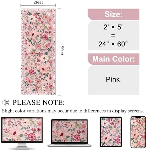 DUKINO 2x5 Runner Rug, Floral Washable Rug for Kitchen Non Slip, Pink - Image 2