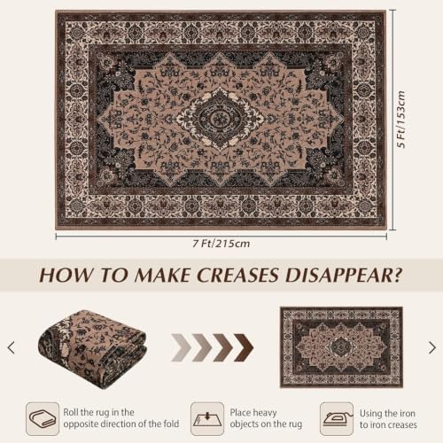Hanples 5x7 Area Rugs for Living Room, Washable Rug Vintage Floral, Brown - Image 2