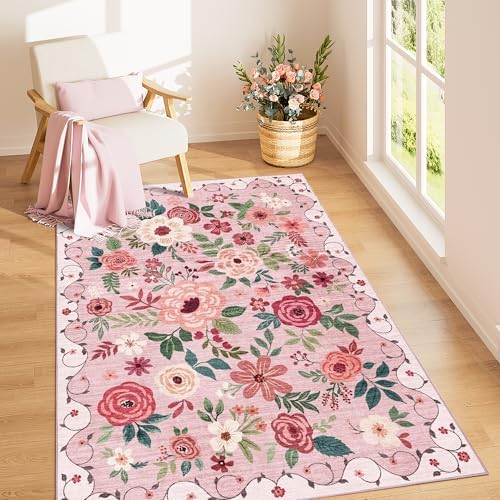 DUKINO 3x5 Area Rug, Floral Washable Rug for Bedroom Non Slip, Pink - Image 3