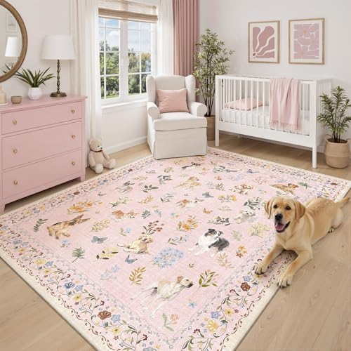 Soalmost Dog 6x9 Pink Area Rugs for Baby Girl Nursery, Washable Soft Rug by Soalmost