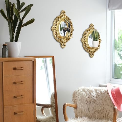 2 Set Vintage Candle Wall Sconce for Home Decor Living Room Bedroom Office Wood Antique Mirrored Victorian Mounted Candlestick Wall Holder Relief Hanging Decor -Gold 11.8in - Image 3