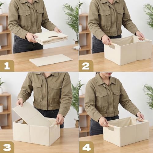 Foldable Fabric Storage Cubes, Cloth Storage Baskets with Wooden Handles, Shelf Closet Organizer Bins, Rectangular Linen Storage Boxes for Decor, 16.5 x 12.2 x 6.7 Inches - Image 5