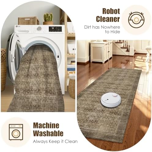 Washable Area Rug 2'6'' x 8' Vintage Traditional Persian Mat - Foldable Distressed Non-Slip Machine Washable Carpet for Living Room Bedroom Kitchen Home Decor - Mocha and Taupe - Image 7
