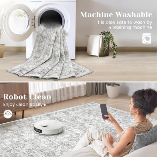 5x7 Area Rugs for Living Room: Washable Vintage Floral Rug Low Pile Non-Slip Boho Carpet for Bedroom Nursery Dining Room (Grey, 5'x7') - Image 2