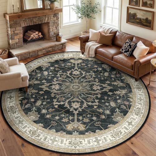 RELEANY Washable Area Rug, Round 8ft, Black/Vintage/Beige by RELEANY