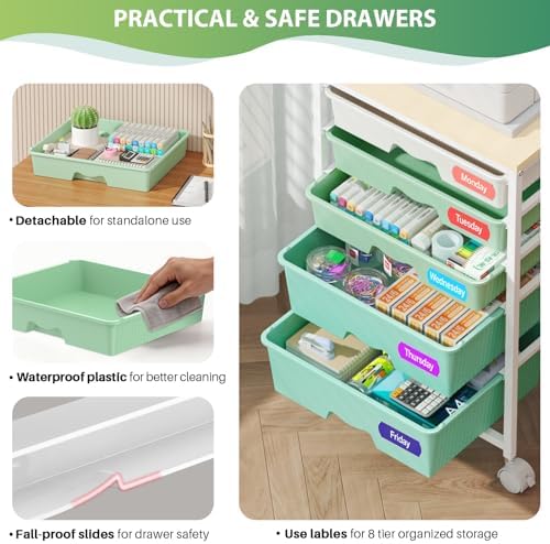 Goovilla Rolling Cart with 5 Drawers for Craft, Art, Dorm, Office, Green - Image 3