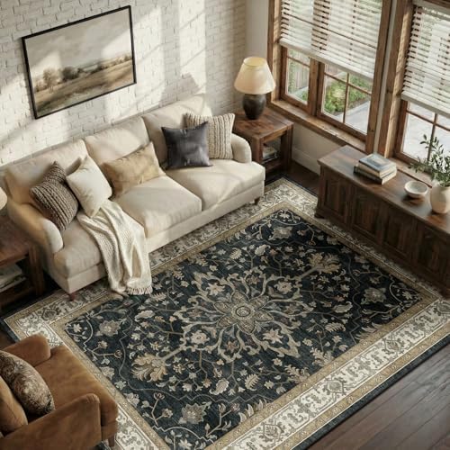 RELEANY Washable Area Rug, 5'x7', Black/Vintage/Beige by RELEANY