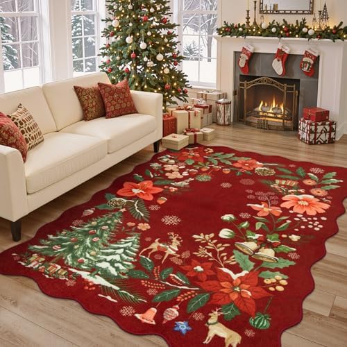 Lahome Floral Christmas Rugs for Living Room, 5x7 Christmas Area Rug for Bedroom Large Washable Carpet, Soft Stain Resistance Xmas Tree Carpets for Under Table Dining Room, Red - Image 2