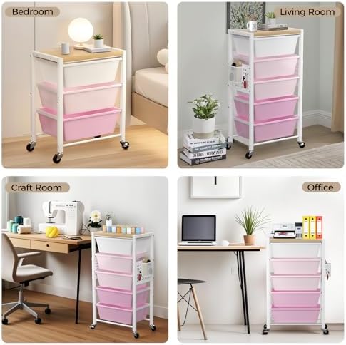 Rolling Cart with 5 Drawers, Plastic Drawer Storage Carts with Wheels & Wooden Tabletop, Metal Utility Cart with Pegboards, Office Living Room Classroom Craft Organization and Storage, Bright Pink - Image 6