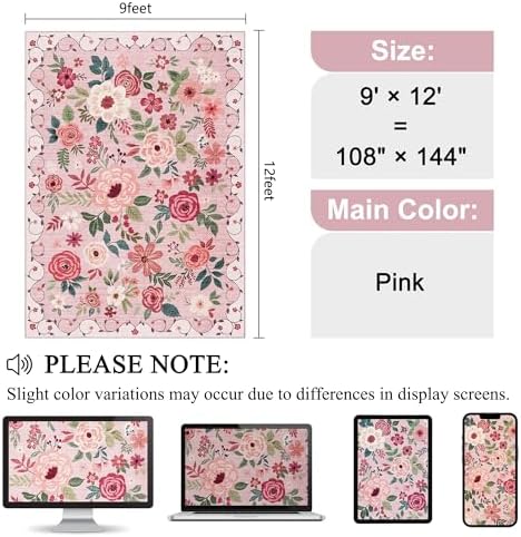 DUKINO 9x12 Area Rug for Living Room, Floral Washable Rug Non Slip, Pink - Image 2