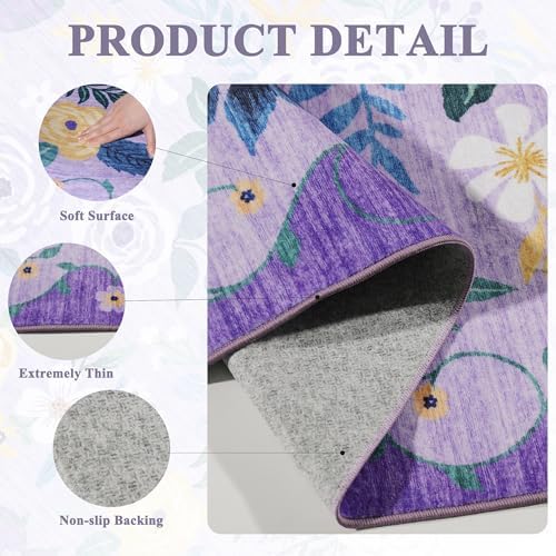 DUKINO 3x5 Area Rug, Floral Washable Rug for Bedroom Non Slip, Purple - Image 4