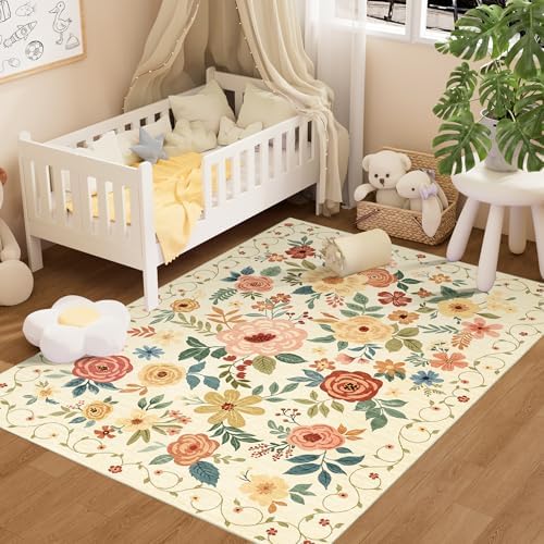 DUKINO 3x5 Area Rug, Floral Washable Rug for Bedroom Non Slip, Beige Yellow by DUKINO