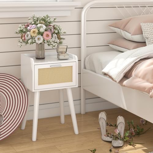 LAATOOREE Nightstand Set of 2, Small White Bed Side Table with Rattan Door - Image 7