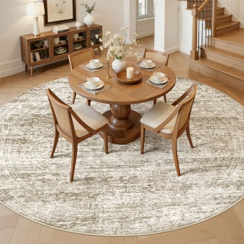 Soalmost Round Rugs 9ft Living Room Circle Area Rug 9x9 Brown Vintage - Image 2